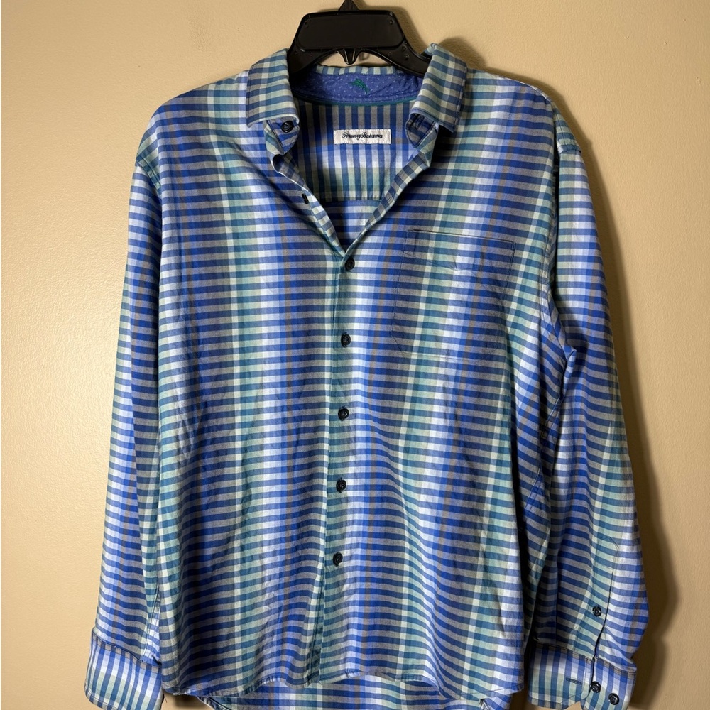 Tommy Bahama Cotton Silk Plaid Button Up Shirt Mens Medium Blue‎ Green